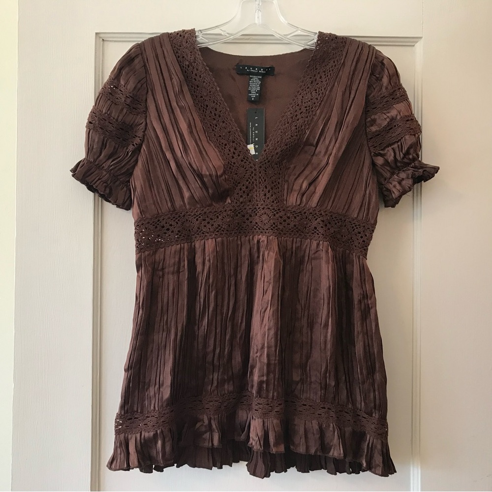 Laundry By Shelli Segal | Chocolate Brown Silk Pleated Blouse S